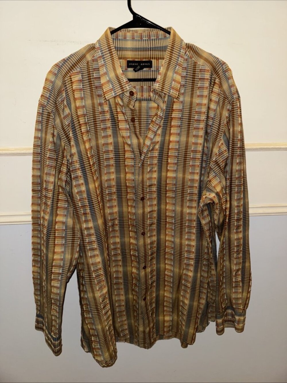Jhane Barnes Japan Woven XL Long Sleeve Geometric Button Point Collar Shirt Gold